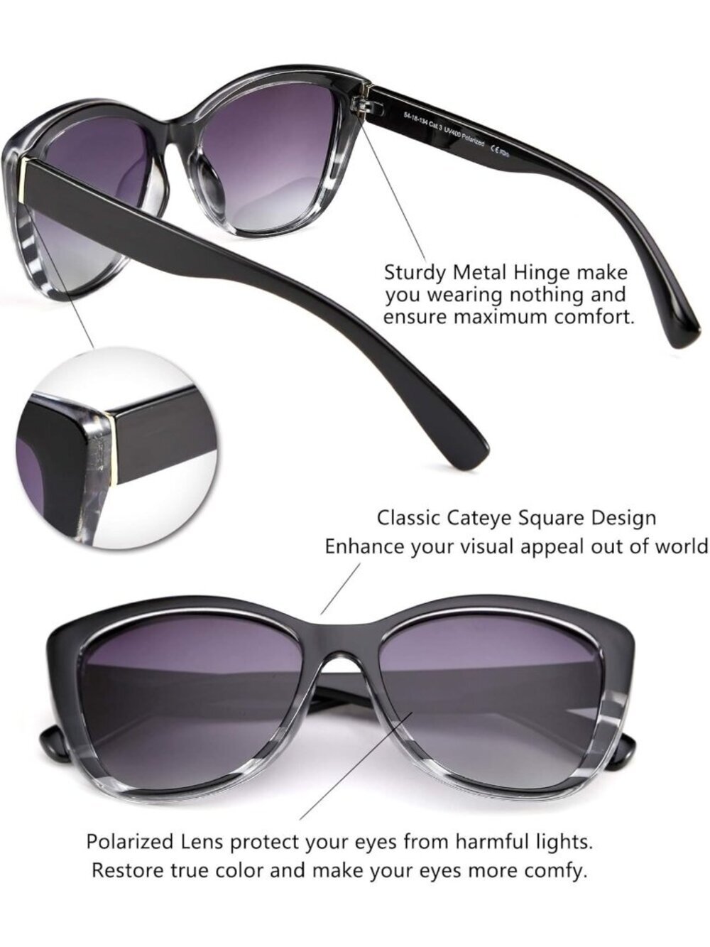 Women's Strip Purple Polarized Sunglasses American Square Jackie O Cat Eye - Picture 4 of 6